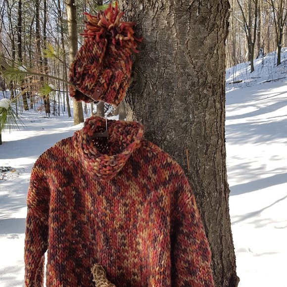 Winter set, Autumn colors , sweater and matching hat, hand knitted - Picture 4 of 10